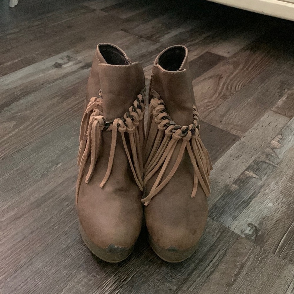 Sbicca Fringe Wedge Booties